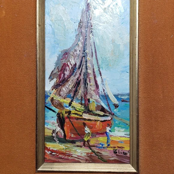 Vintage Oil Painting on Wood Panel Framed Velvet by Elio Small 3" × 6" - Picture 5 of 10